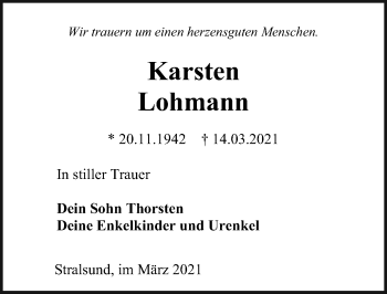 Traueranzeige von Karsten Lohmann von Ostsee-Zeitung GmbH