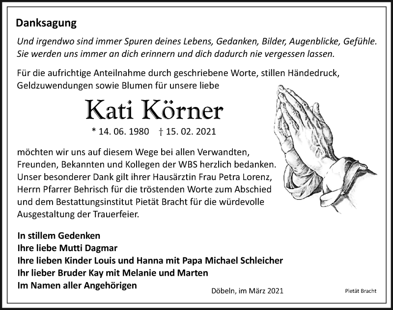  Traueranzeige für Kati Körner vom 13.03.2021 aus Leipziger Volkszeitung