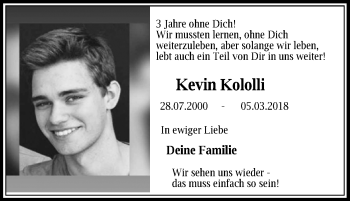 Traueranzeige von Kevin Kololli von Lübecker Nachrichten