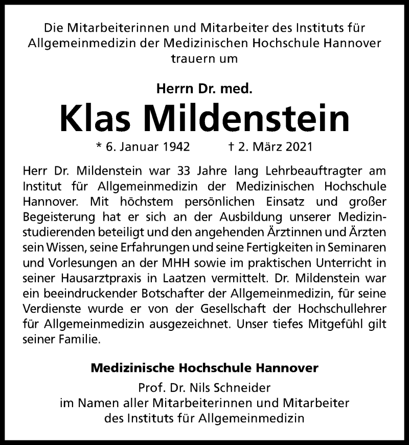  Traueranzeige für Klas Mildenstein vom 06.03.2021 aus Hannoversche Allgemeine Zeitung/Neue Presse