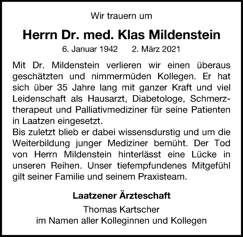  Traueranzeige für Klas Mildenstein vom 13.03.2021 aus Hannoversche Allgemeine Zeitung/Neue Presse