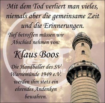 Traueranzeige von Klaus Boos von Ostsee-Zeitung GmbH