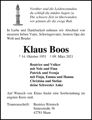 Traueranzeige von Klaus Boos von Ostsee-Zeitung GmbH