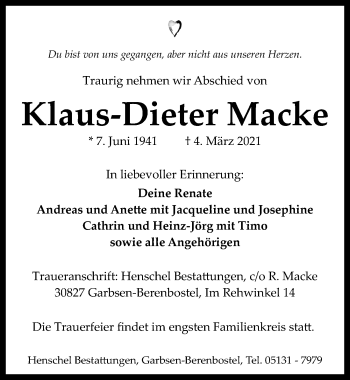 Traueranzeige von Klaus-Dieter Macke von Hannoversche Allgemeine Zeitung/Neue Presse