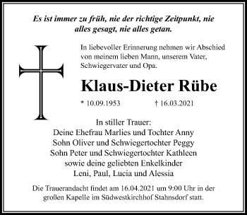 Traueranzeige von Klaus-Dieter Rübe von Märkischen Allgemeine Zeitung