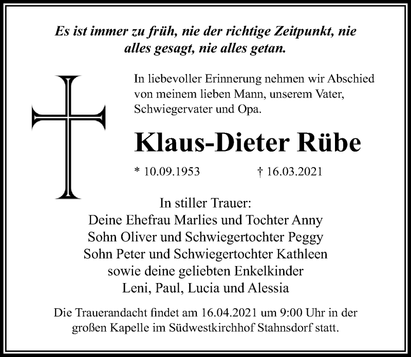 Traueranzeige für Klaus-Dieter Rübe vom 26.03.2021 aus Märkischen Allgemeine Zeitung