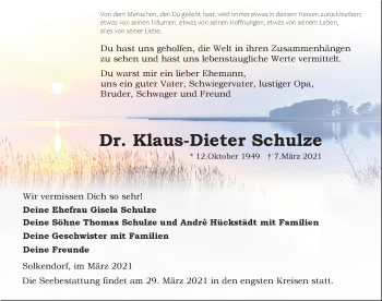 Traueranzeige von Klaus-Dieter Schulze von Ostsee-Zeitung GmbH