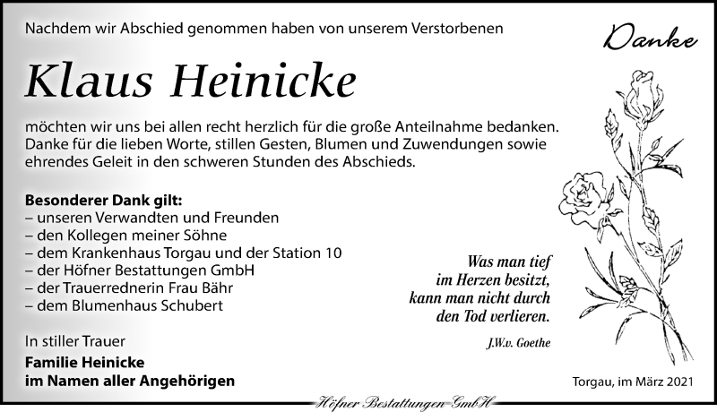  Traueranzeige für Klaus Heinicke vom 20.03.2021 aus Torgauer Zeitung