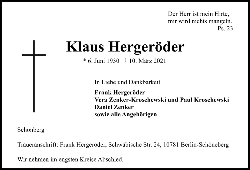  Traueranzeige für Klaus Hergeröder vom 17.03.2021 aus Kieler Nachrichten