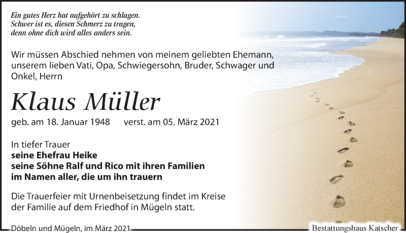  Traueranzeige für Klaus Müller vom 13.03.2021 aus Leipziger Volkszeitung