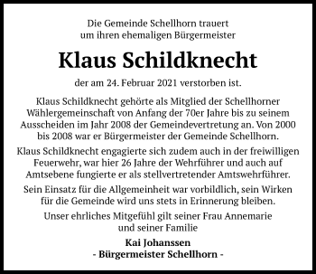 Traueranzeige von Klaus Schildknecht von Kieler Nachrichten