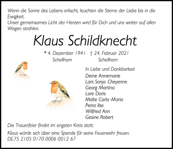 Traueranzeige von Klaus Schildknecht von Kieler Nachrichten