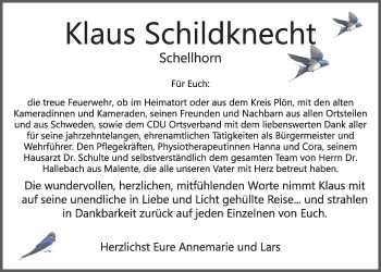 Traueranzeige von Klaus Schildknecht von Kieler Nachrichten