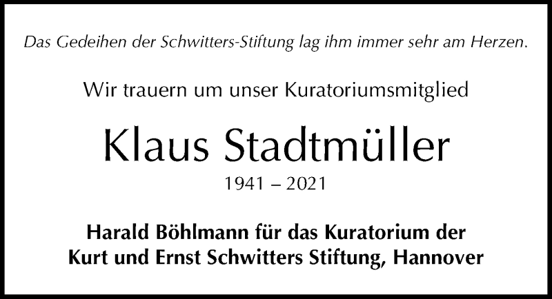  Traueranzeige für Klaus Stadtmüller vom 20.03.2021 aus Hannoversche Allgemeine Zeitung/Neue Presse