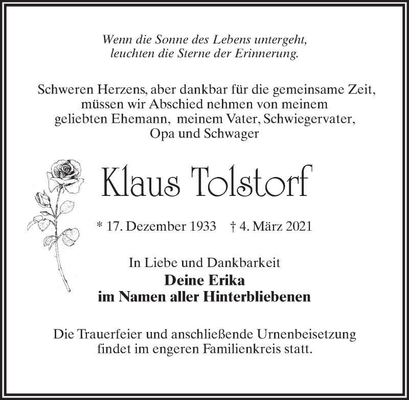  Traueranzeige für Klaus Tolstorf vom 27.03.2021 aus Märkischen Allgemeine Zeitung
