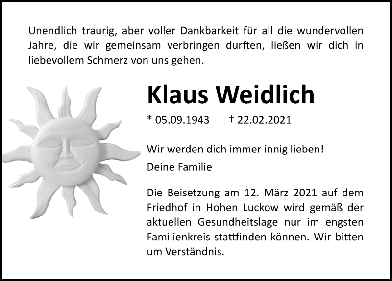  Traueranzeige für Klaus Weidlich vom 11.03.2021 aus Ostsee-Zeitung GmbH