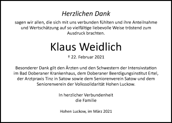 Traueranzeige von Klaus Weidlich von Ostsee-Zeitung GmbH