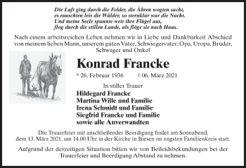 Traueranzeige von Konrad Francke von Märkischen Allgemeine Zeitung