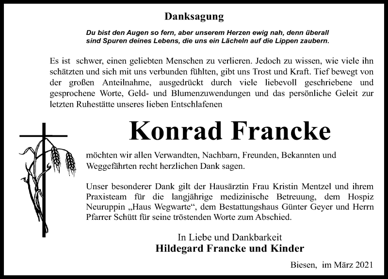  Traueranzeige für Konrad Francke vom 27.03.2021 aus Märkischen Allgemeine Zeitung