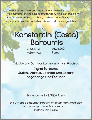 Traueranzeige von Konstantin Baroumis von Peiner Allgemeine Zeitung