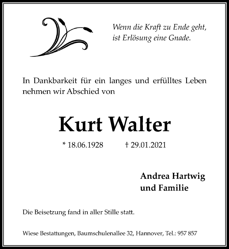  Traueranzeige für Kurt Walter vom 06.03.2021 aus Hannoversche Allgemeine Zeitung/Neue Presse