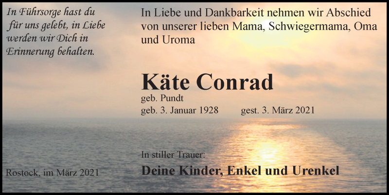  Traueranzeige für Käte Conrad vom 13.03.2021 aus Ostsee-Zeitung GmbH