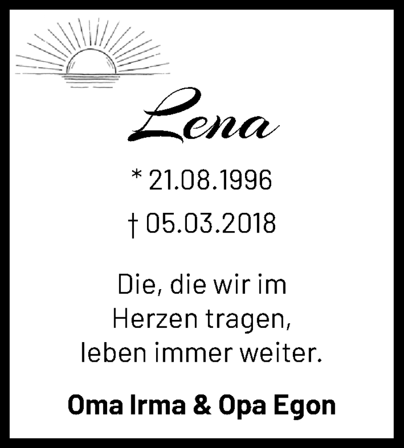  Traueranzeige für Lena Dahmke vom 05.03.2021 aus Kieler Nachrichten