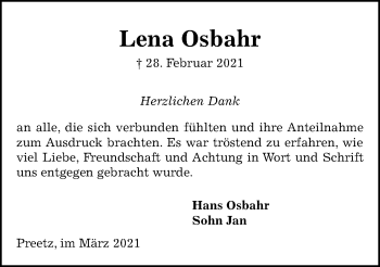 Traueranzeige von Lena Osbahr von Kieler Nachrichten