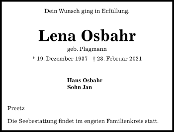 Traueranzeige von Lena Osbahr von Kieler Nachrichten