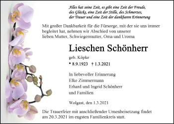 Traueranzeige von Lieschen Schönherr von Ostsee-Zeitung GmbH