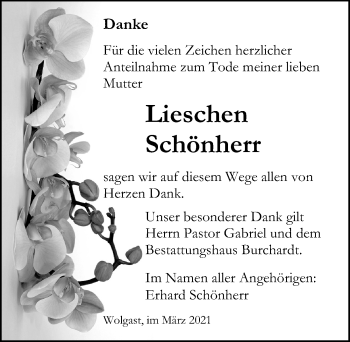 Traueranzeige von Lieschen Schönherr von Ostsee-Zeitung GmbH