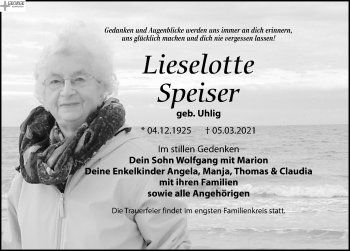 Traueranzeige von Lieselotte Speiser von Leipziger Volkszeitung