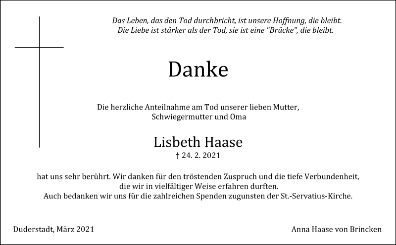  Traueranzeige für Lisbeth Haase vom 20.03.2021 aus Göttinger Tageblatt