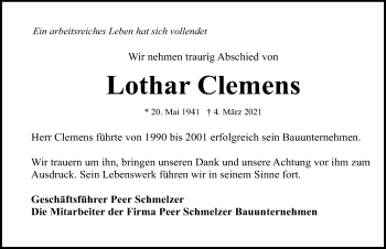 Traueranzeige von Lothar Clemens von Ostsee-Zeitung GmbH