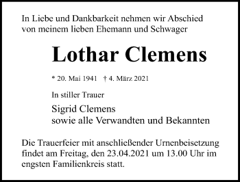 Traueranzeige von Lothar Clemens von Ostsee-Zeitung GmbH