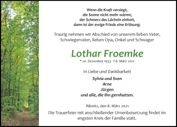 Traueranzeige von Lothar Froemke von Ostsee-Zeitung GmbH