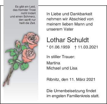 Traueranzeige von Lothar Schuldt von Ostsee-Zeitung GmbH