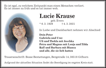 Traueranzeige von Lucie Krause von Aller Zeitung