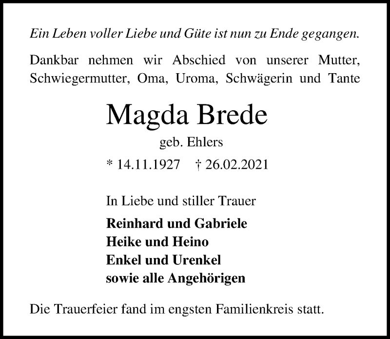  Traueranzeige für Magda Brede vom 07.03.2021 aus Lübecker Nachrichten