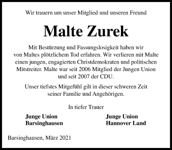Traueranzeige von Malte Zurek von Hannoversche Allgemeine Zeitung/Neue Presse