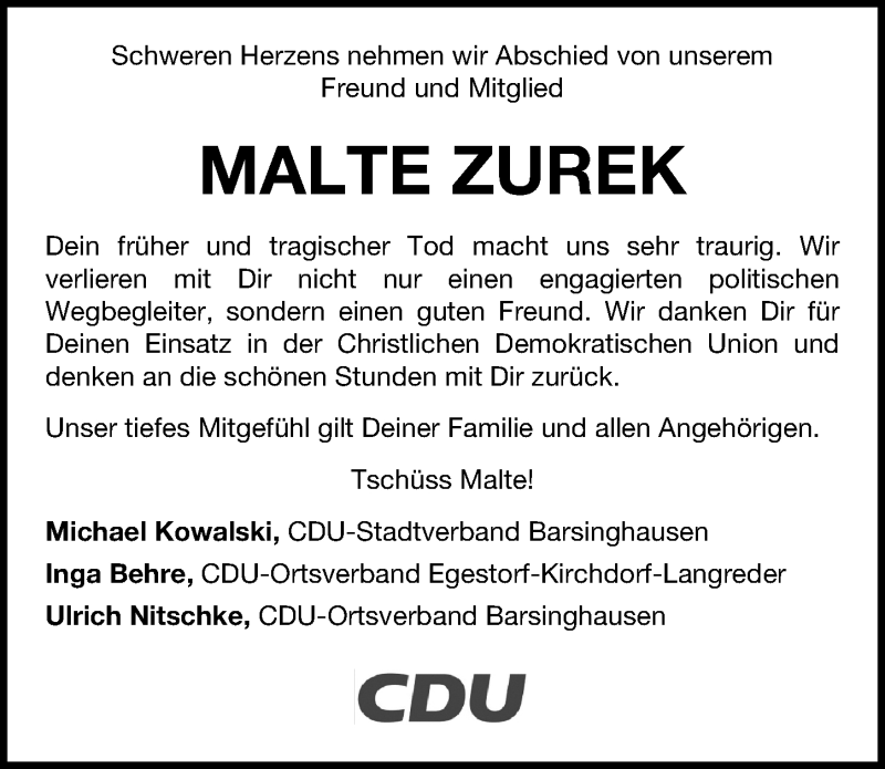  Traueranzeige für Malte Zurek vom 23.03.2021 aus Hannoversche Allgemeine Zeitung/Neue Presse