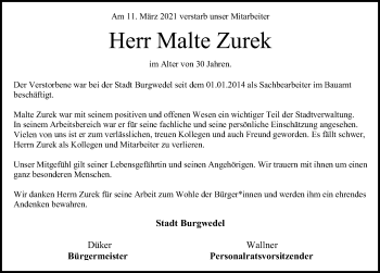 Traueranzeige von Malte Zurek von Hannoversche Allgemeine Zeitung/Neue Presse