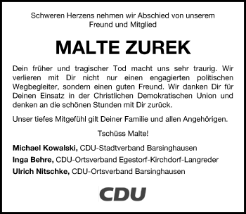 Traueranzeige von Malte Zurek von Hannoversche Allgemeine Zeitung/Neue Presse