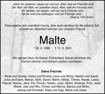 Traueranzeige von Malte Zurek von Hannoversche Allgemeine Zeitung/Neue Presse