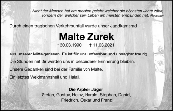 Traueranzeige von Malte Zurek von Hannoversche Allgemeine Zeitung/Neue Presse