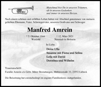 Traueranzeige von Manfred Amrein von Lübecker Nachrichten