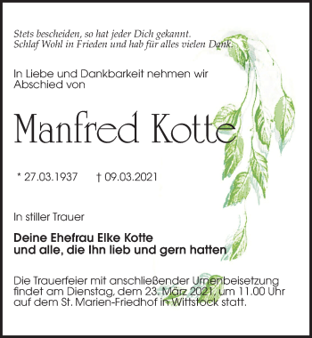 Traueranzeige von Manfred Kotte von Märkischen Allgemeine Zeitung