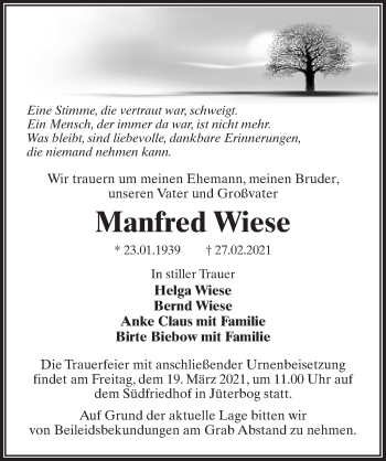 Traueranzeige von Manfred Wiese von Märkischen Allgemeine Zeitung