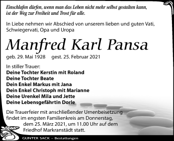 Traueranzeige von Manfred Karl Pansa von Leipziger Volkszeitung
