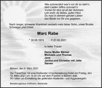 Traueranzeige von Marc Rabe von Göttinger Tageblatt